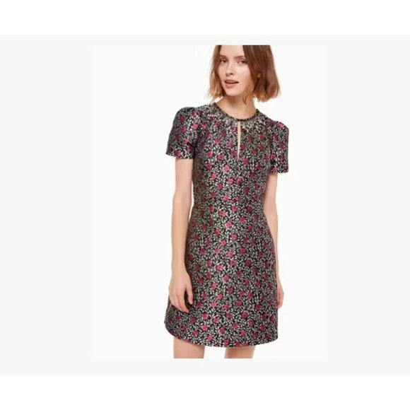 Kate Spade Park Jacquard Dress Womens 8 Black Pink Floral Jeweled Neck - Picture 1 of 5